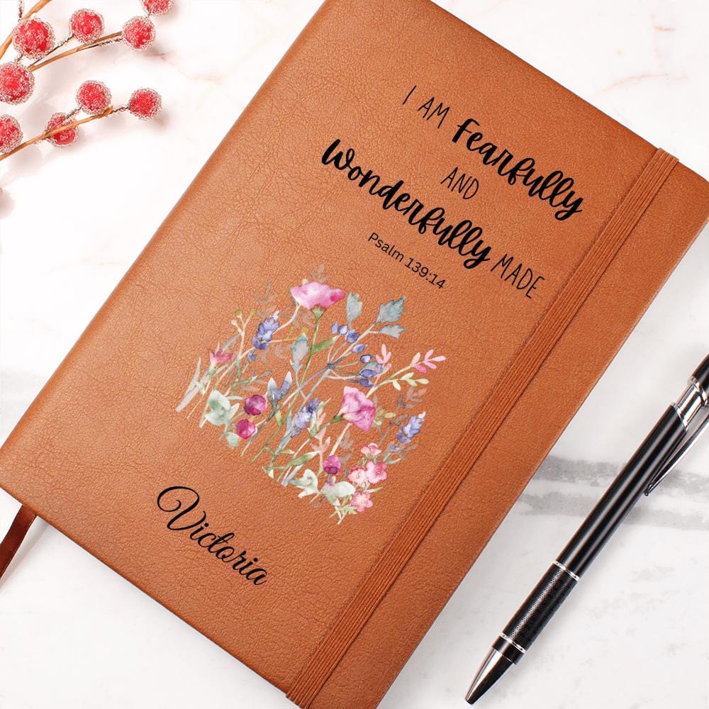 Personalized Leather Journal - Fearfully and Wonderfully Made, Psalm 139:14, Christian Notebook, Bible Verse Gift, Faith Journal