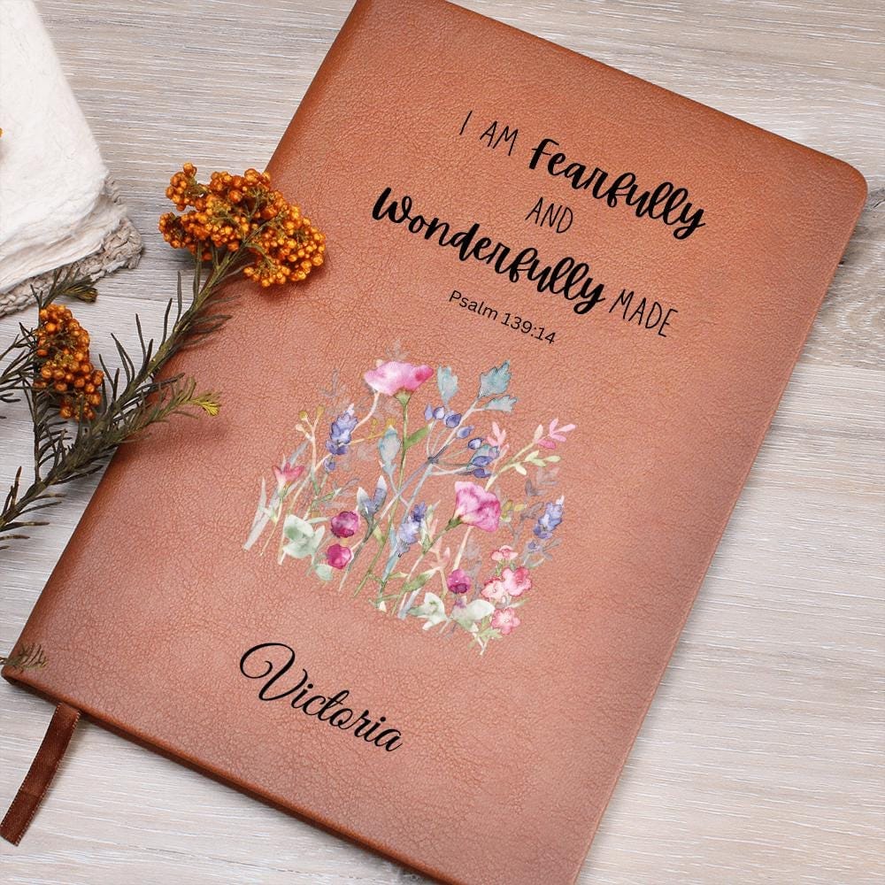 Personalized Leather Journal - Fearfully and Wonderfully Made, Psalm 139:14, Christian Notebook, Bible Verse Gift, Faith Journal